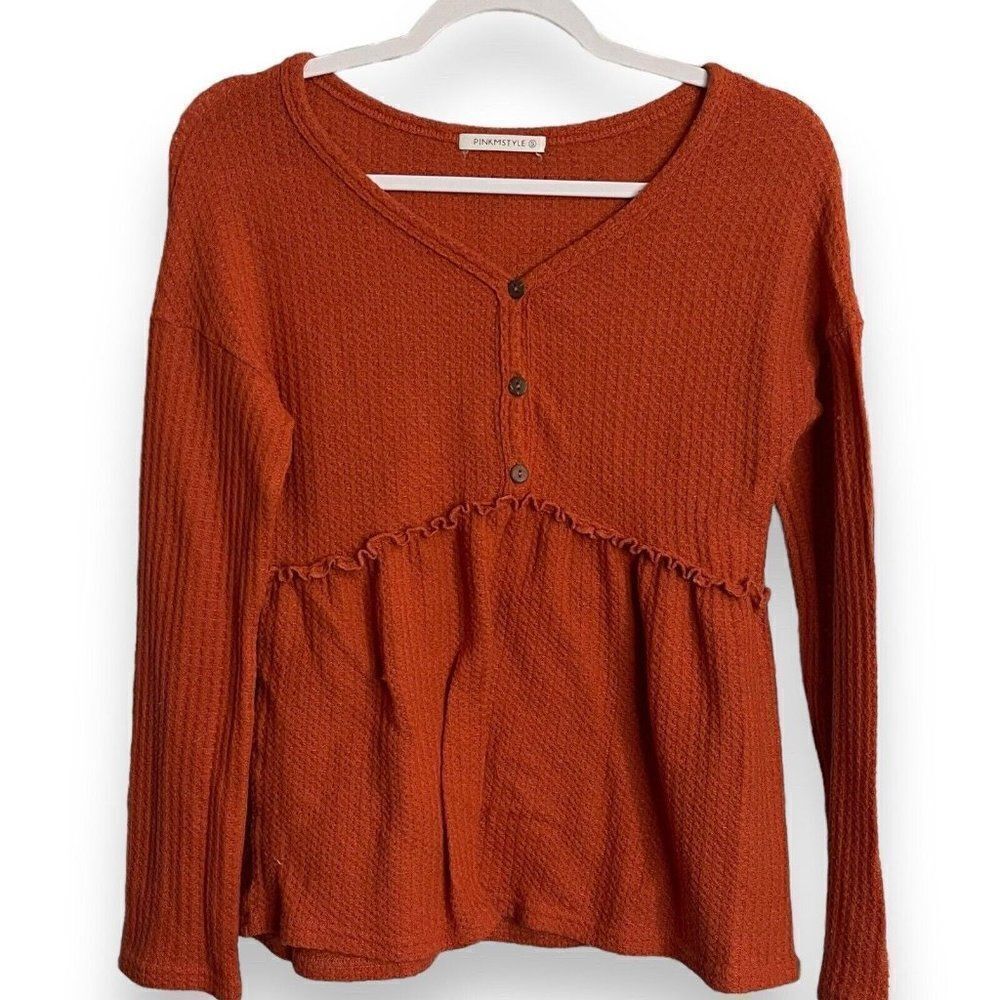 PINKMSTYLE Peasant Blouse Women's Small Rust Orange Cottagecore Boho Casual Top